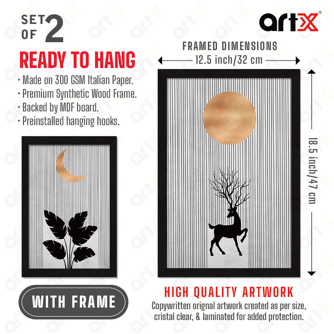 ArtX Boho Aesthetic Wall Decor Paintings with Frame for Home Decoration, Living Room, Bedroom, Office, Set Of 2 AXII-21-LEF