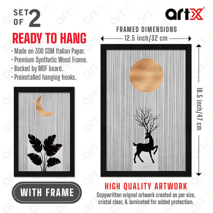 ArtX Boho Aesthetic Wall Decor Paintings with Frame for Home Decoration, Living Room, Bedroom, Office, Set Of 2 AXII-21-LEF