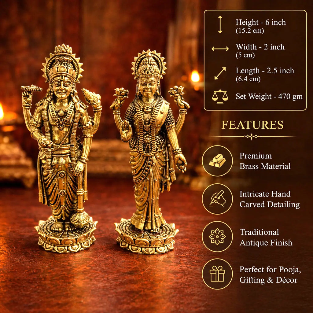 Brass Vishnu Lakshmi Standing Lightweight Idol Set (6 Inch) Vedansh Craft