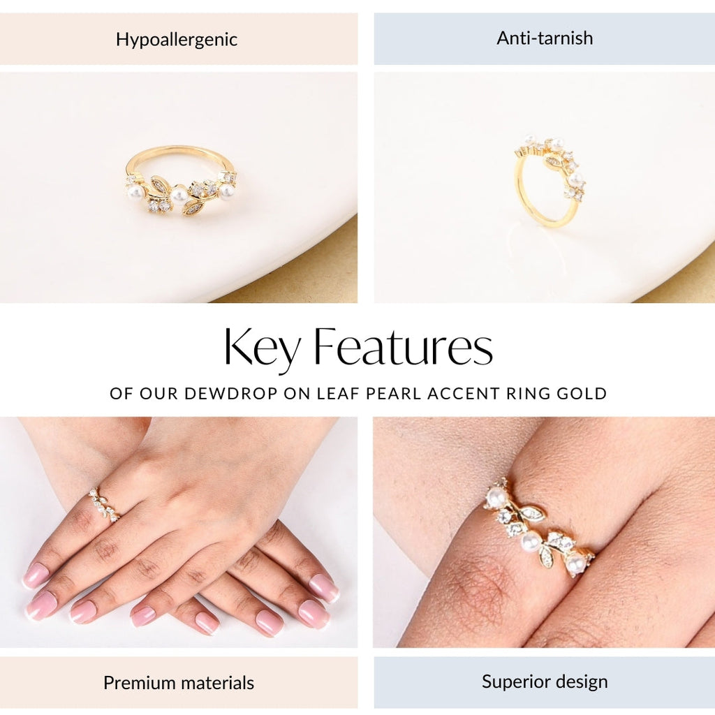 Dewdrop On Leaf Pearl Accent Ring Gold Nestasia