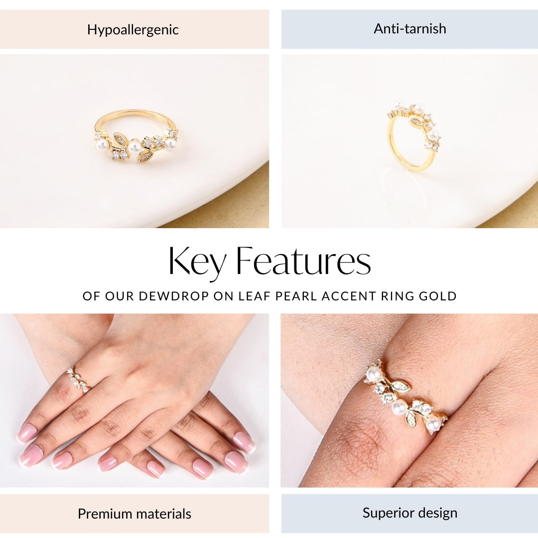 Dewdrop On Leaf Pearl Accent Ring Gold Nestasia