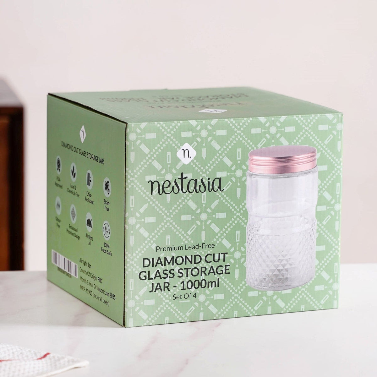 Diamond Embossed Storage Glass Jars With Lids Set Of 4 1000ml Nestasia