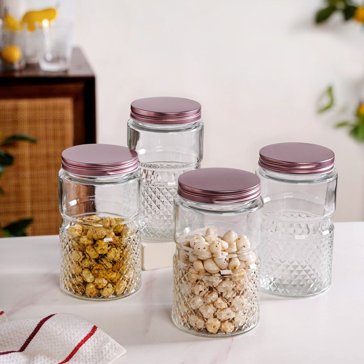 Diamond Embossed Storage Glass Jars With Lids Set Of 4 1000ml Nestasia