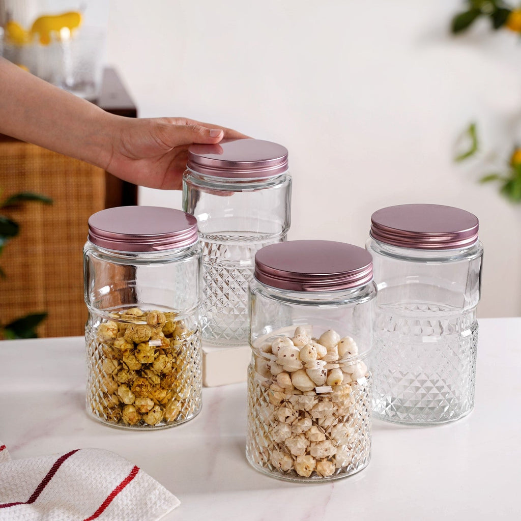 Diamond Embossed Storage Glass Jars With Lids Set Of 4 1000ml Nestasia