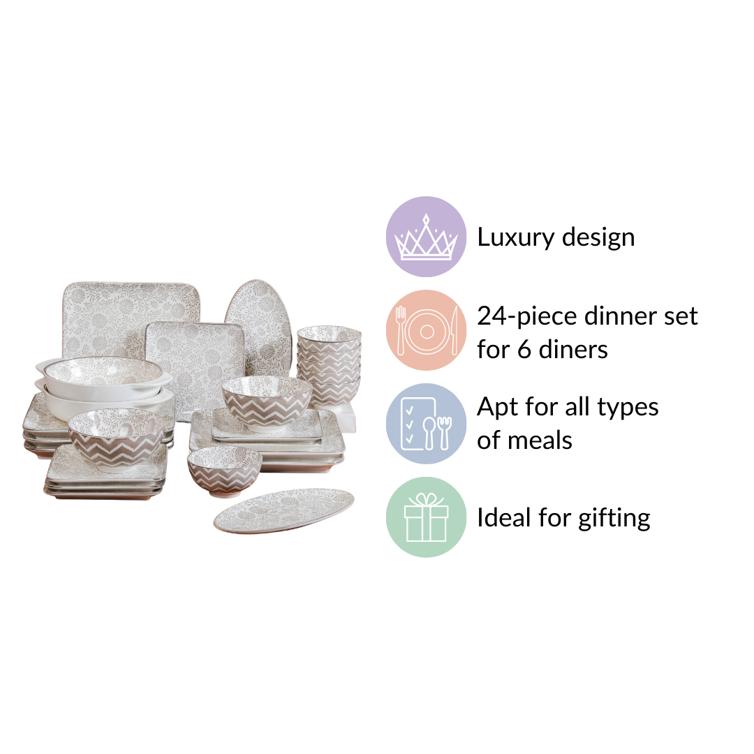 Printed Square Plates 24 Piece Dinner Set For 6 Nestasia