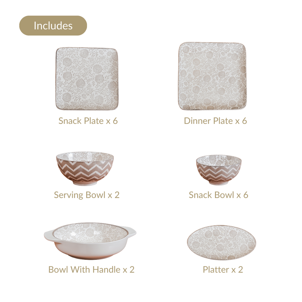 Printed Square Plates 24 Piece Dinner Set For 6 Nestasia