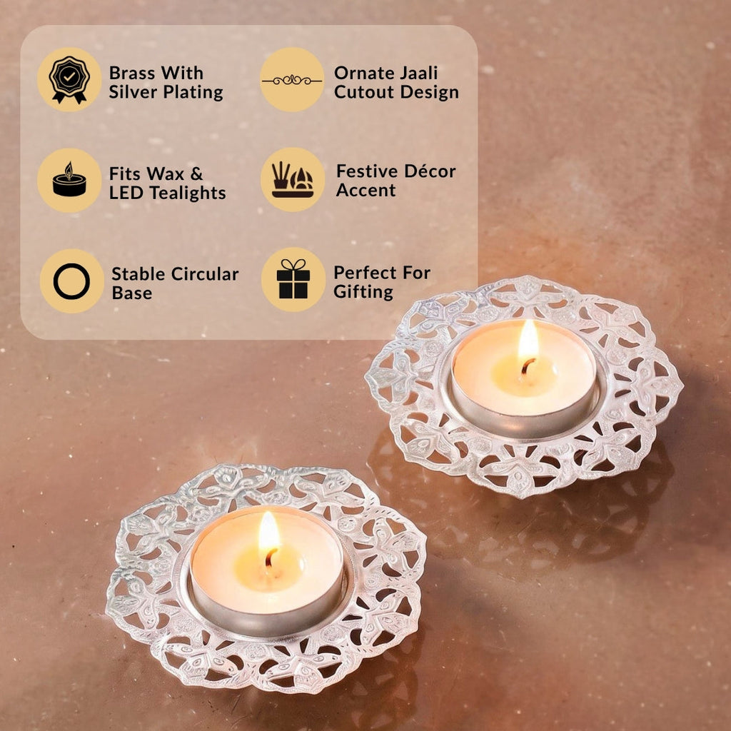 Divya Silver Plated Brass Tealight Holder Set Of 2 In Gift Box Nestasia