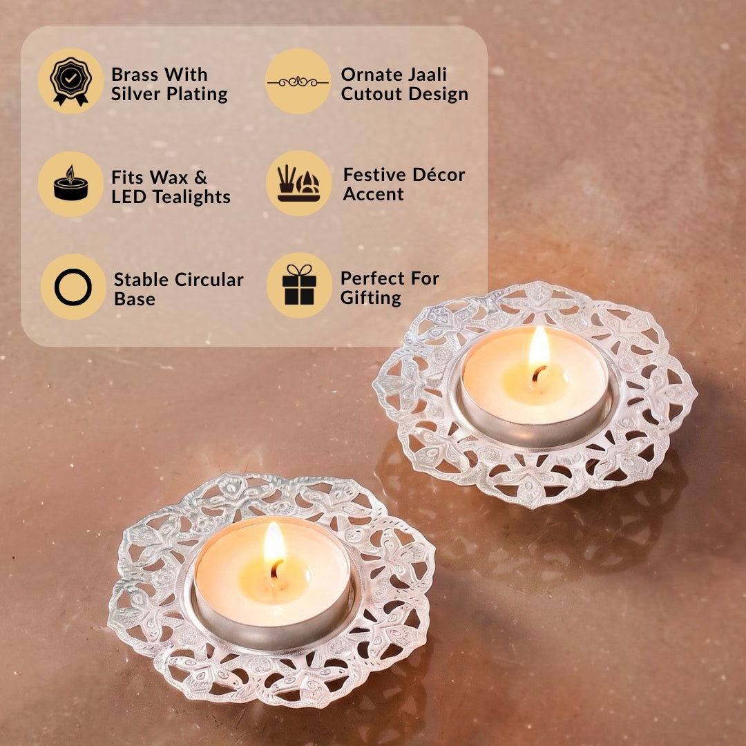 Divya Silver Plated Brass Tealight Holder Set Of 2 In Gift Box Nestasia