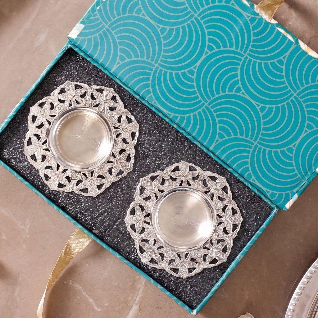 Divya Silver Plated Brass Tealight Holder Set Of 2 In Gift Box Nestasia