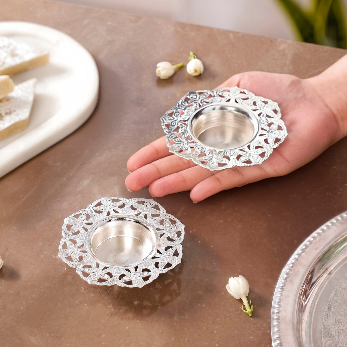 Divya Silver Plated Brass Tealight Holder Set Of 2 In Gift Box Nestasia