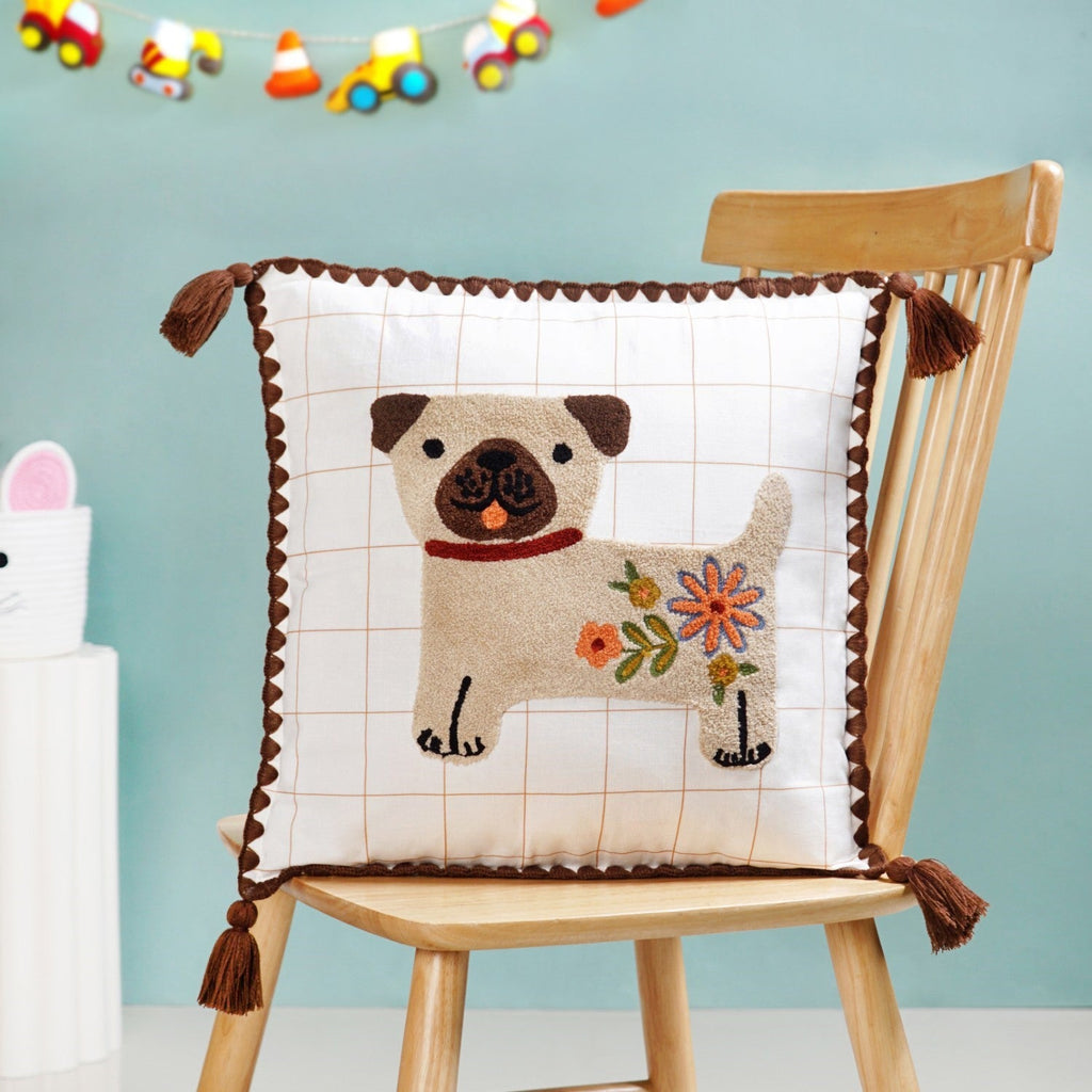 Dog Embroidered Cotton Cushion Cover With Tassels 42x42cm Nestasia