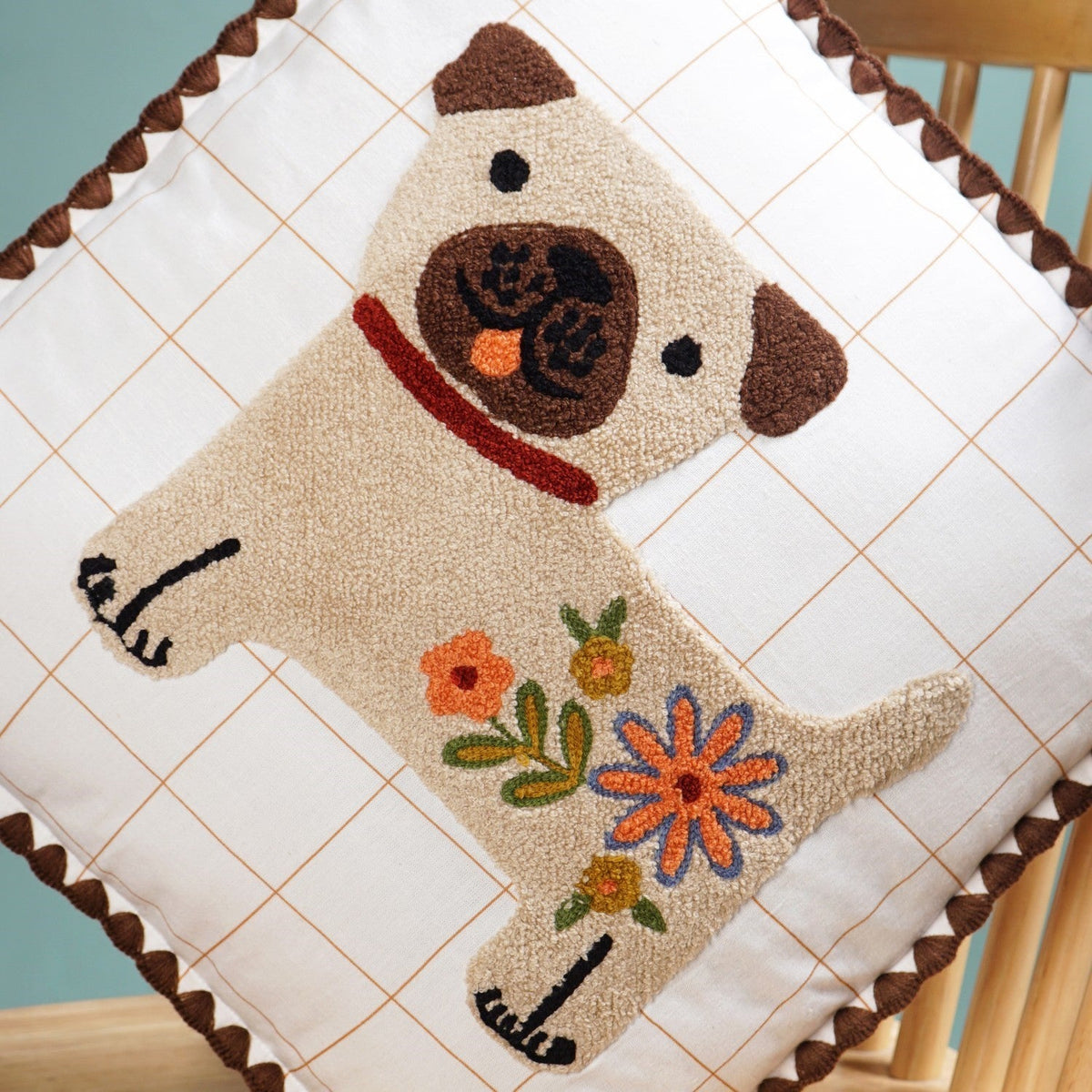 Dog Embroidered Cotton Cushion Cover With Tassels 42x42cm Nestasia