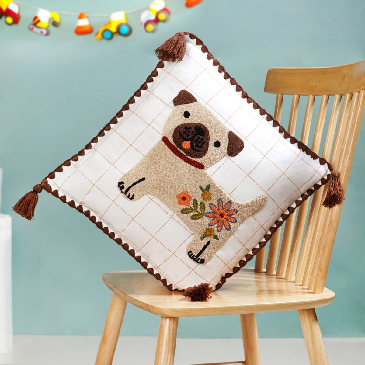 Dog Embroidered Cotton Cushion Cover With Tassels 42x42cm Nestasia