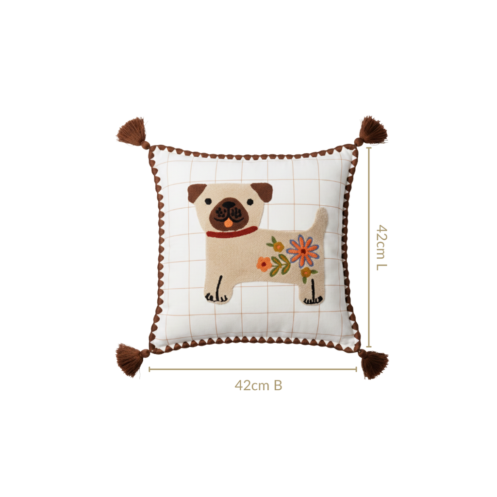 Dog Embroidered Cotton Cushion Cover With Tassels 42x42cm Nestasia