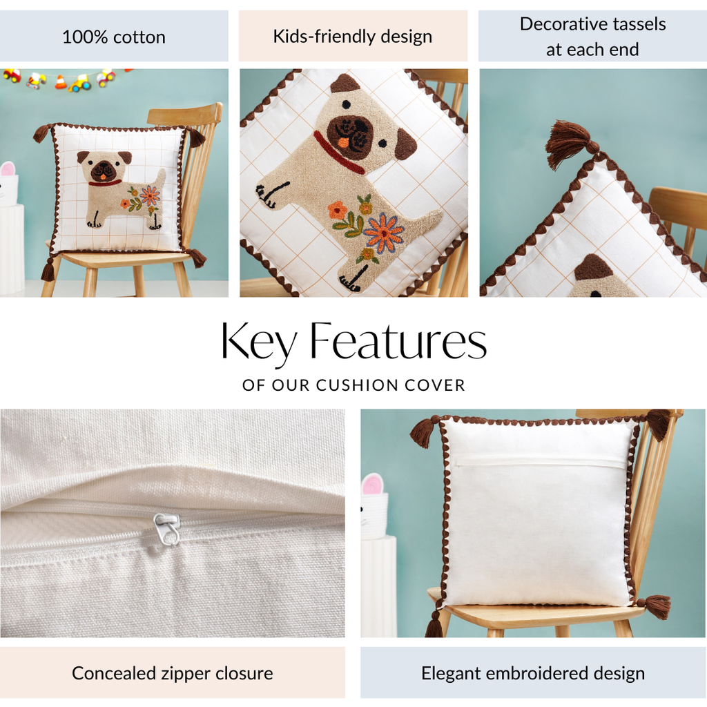 Dog Embroidered Cotton Cushion Cover With Tassels 42x42cm Nestasia