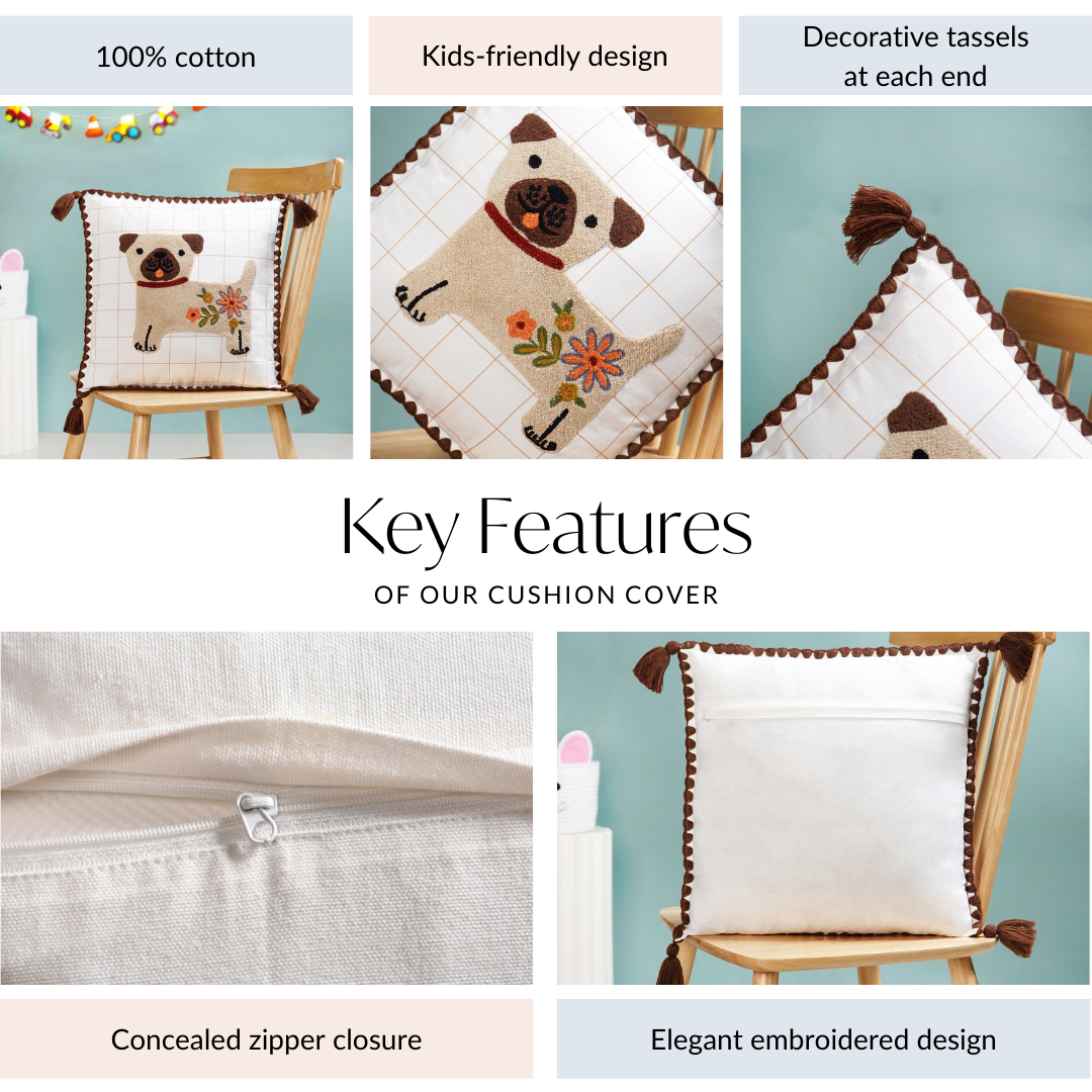 Dog Embroidered Cotton Cushion Cover With Tassels 42x42cm Nestasia