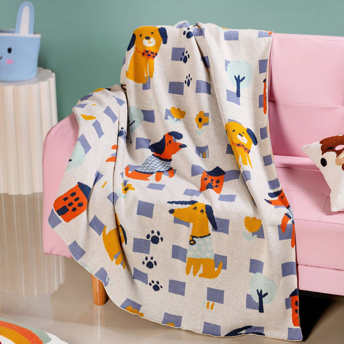 Dog Park Knitted Cotton Throw Blanket For Kids 155x132cm Nestasia