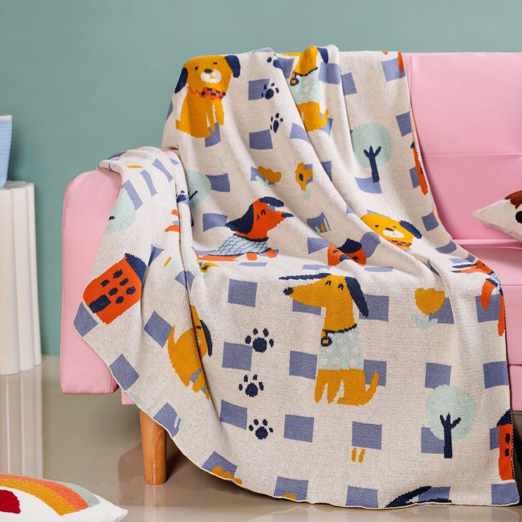Dog Park Knitted Cotton Throw Blanket For Kids 155x132cm Nestasia