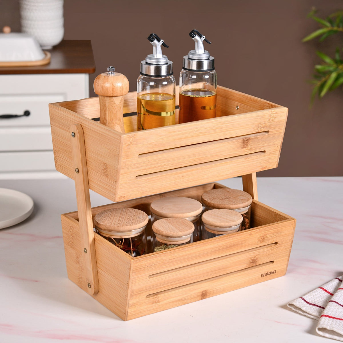 Double Tier Bamboo Storage Basket Nestasia