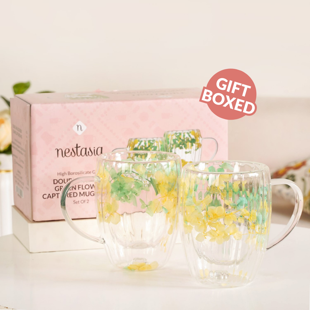Double Walled Real Green Flower Mug Set Of 2 350ml Nestasia