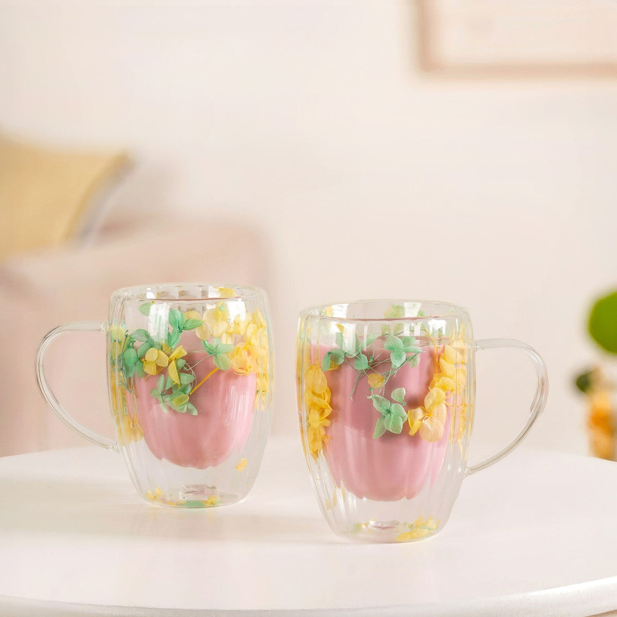 Double Walled Real Green Flower Mug Set Of 2 350ml Nestasia