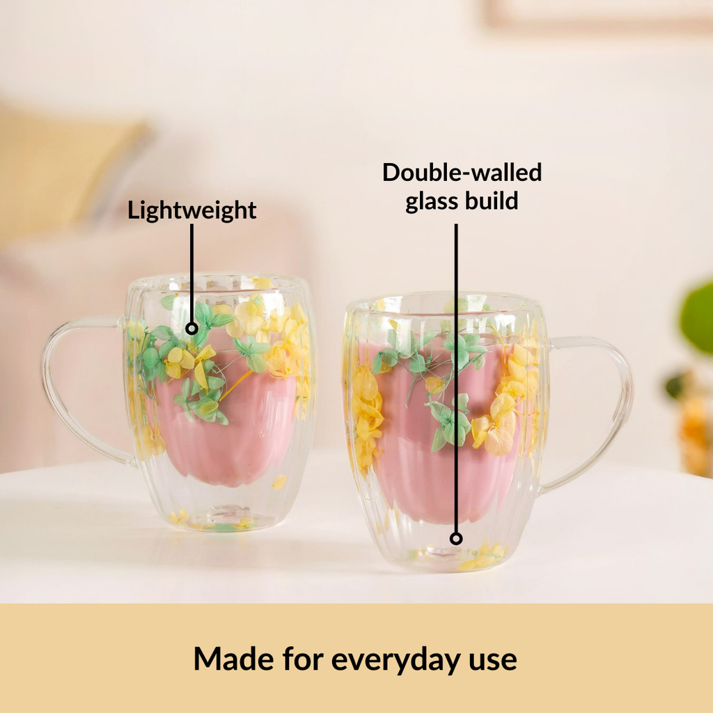 Double Walled Real Green Flower Mug Set Of 2 350ml Nestasia