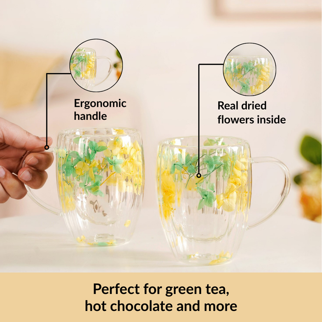 Double Walled Real Green Flower Mug Set Of 2 350ml Nestasia