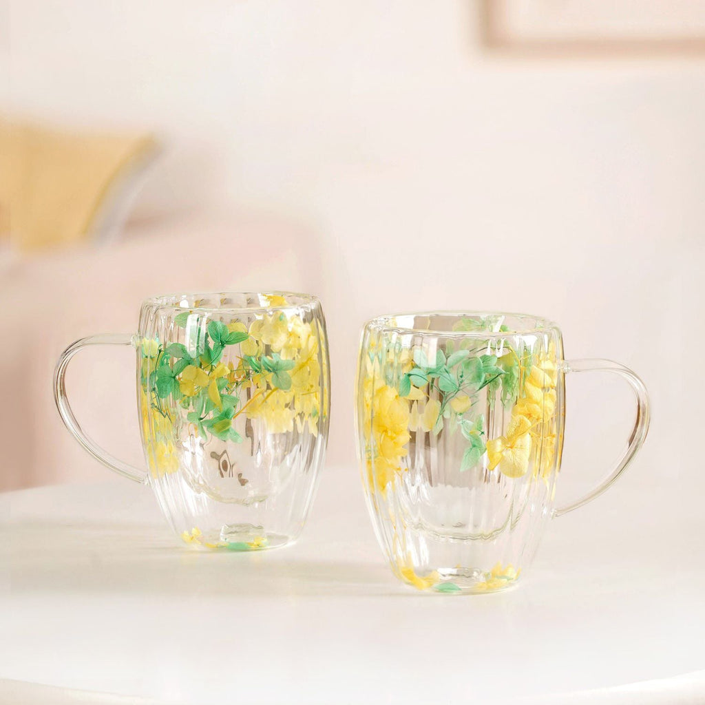 Double Walled Real Green Flower Mug Set Of 2 350ml Nestasia