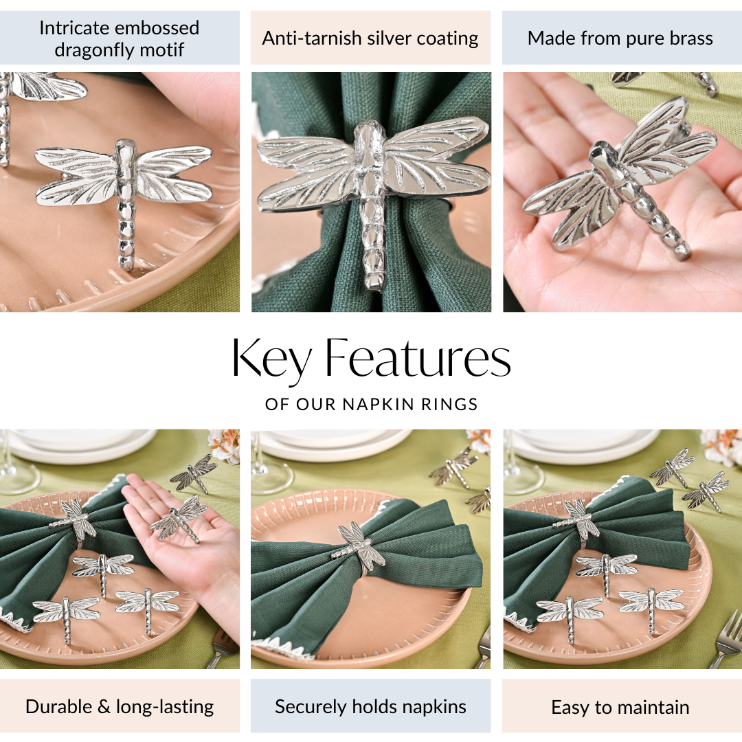Dragonfly Pure Brass Napkin Ring Set Of 6 Silver Nestasia