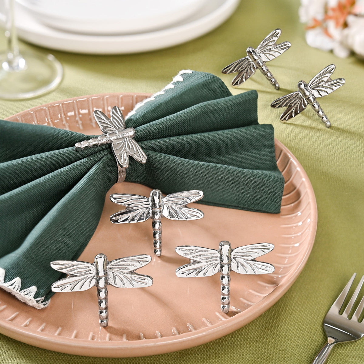 Dragonfly Pure Brass Napkin Ring Set Of 6 Silver Nestasia