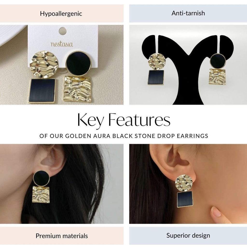 Golden Aura Black Stone Drop Earrings Nestasia