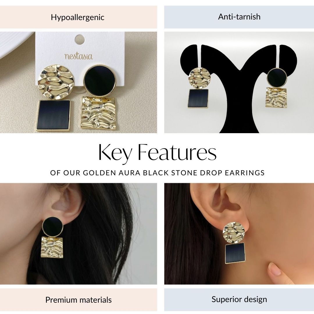 Golden Aura Black Stone Drop Earrings Nestasia