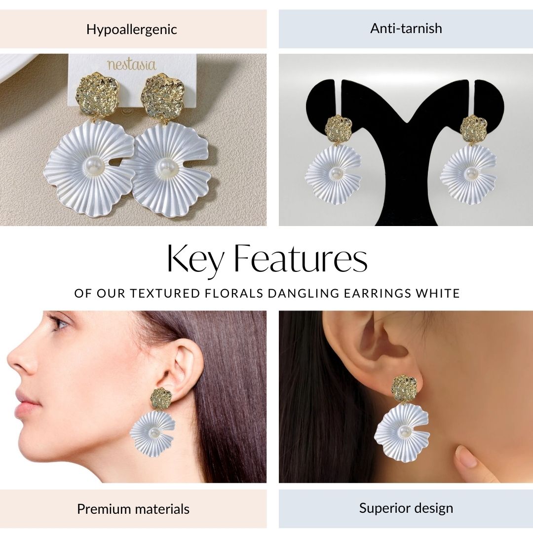 Textured Florals Dangling Earrings White Nestasia