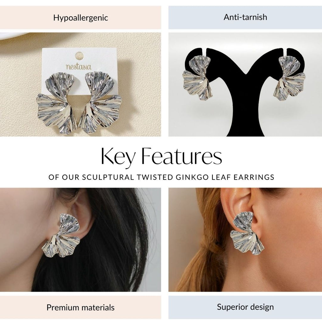 Sculptural Twisted Ginkgo Leaf Earrings Nestasia
