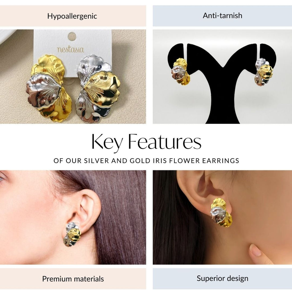 Silver And Gold Iris Flower Earrings Nestasia
