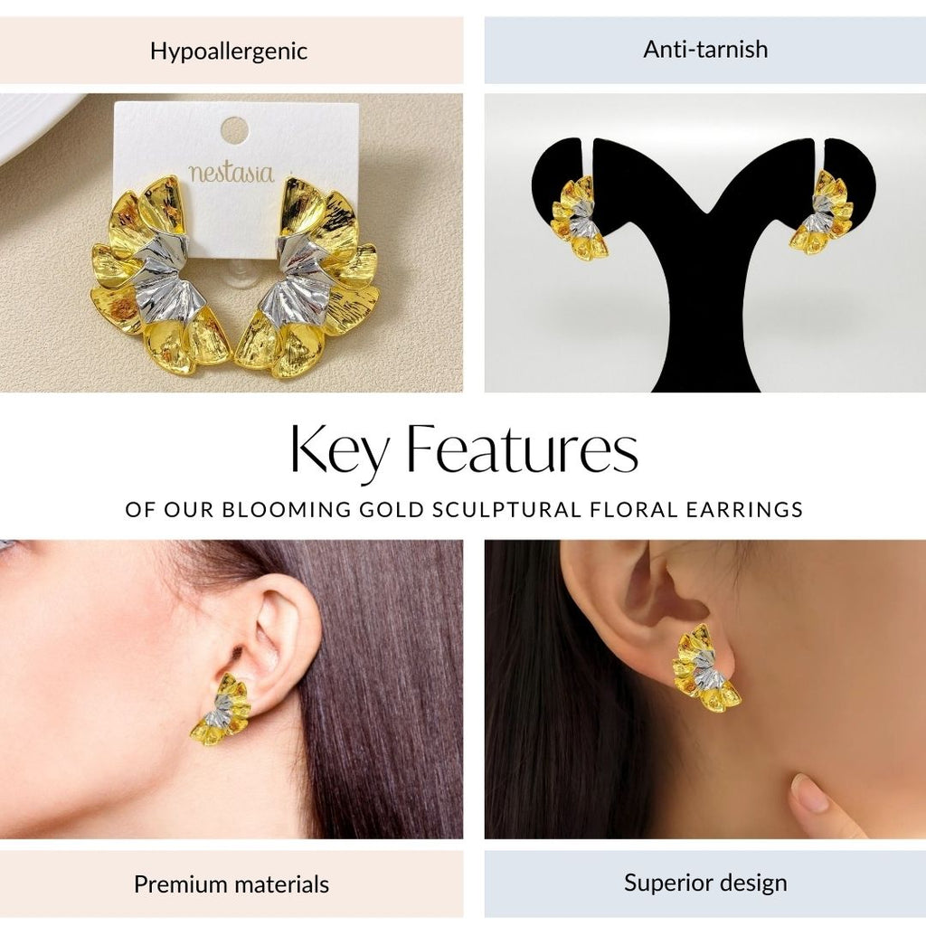 Blooming Gold Sculptural Floral Earrings Nestasia