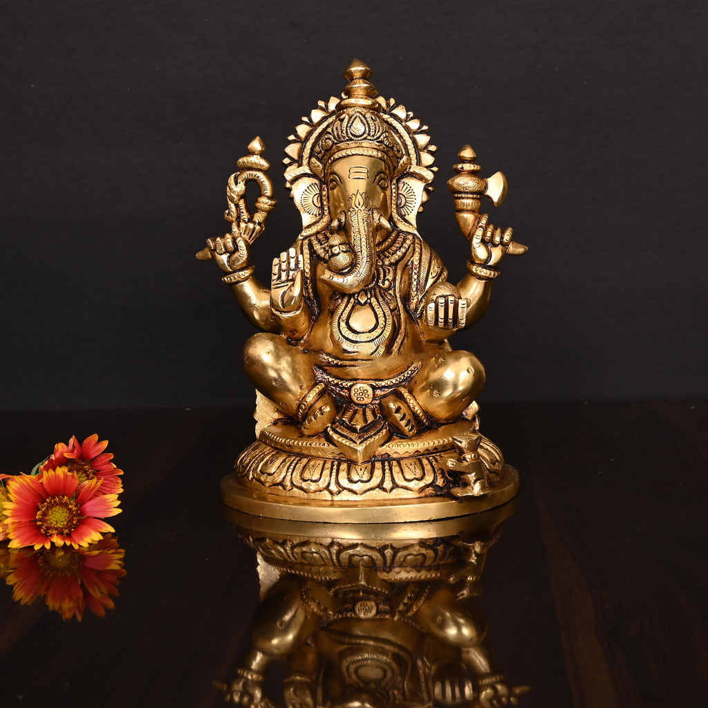 Brass Superfine Right Trunk Sitting Ganesha Idol (8 Inch) Vedansh Craft
