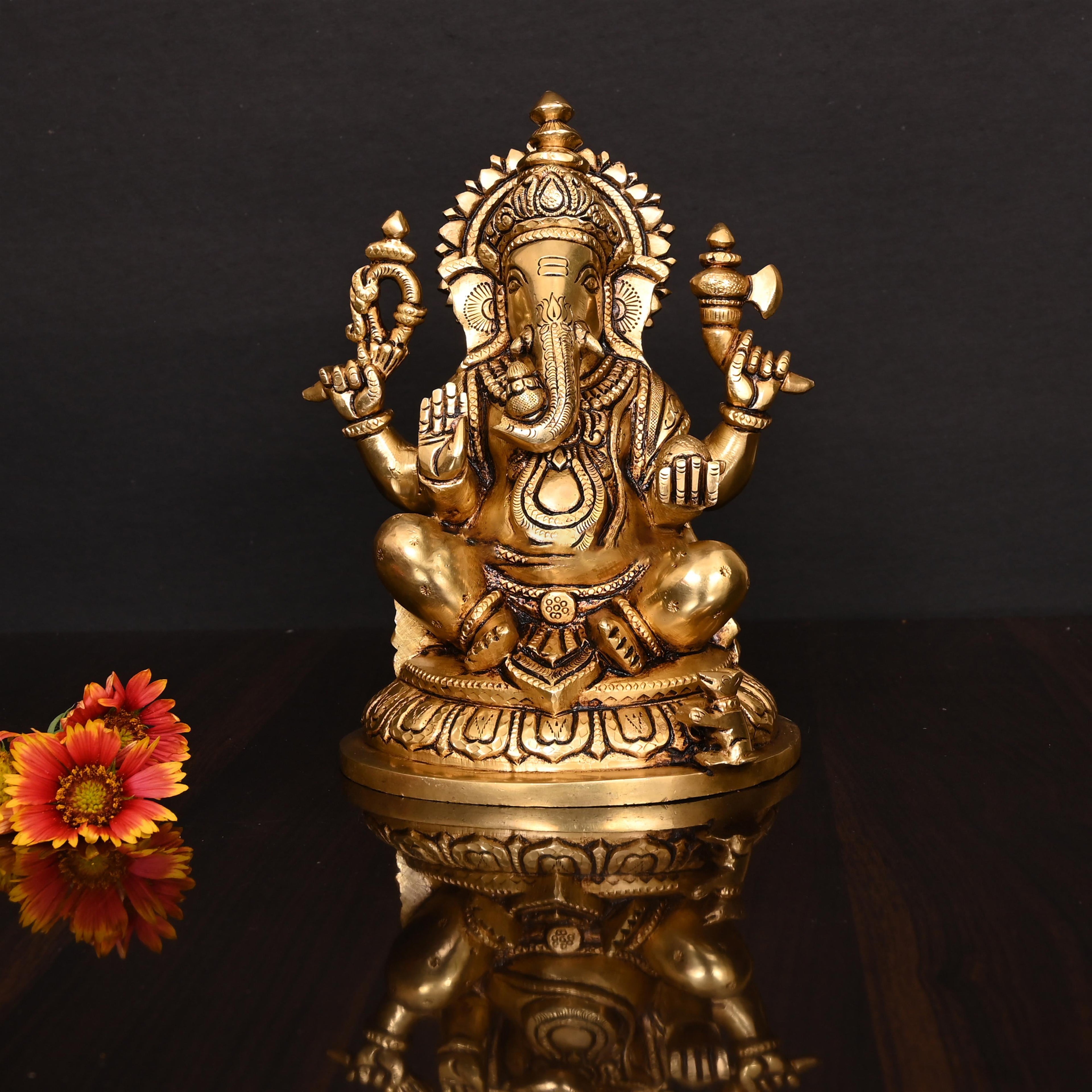 Brass Superfine Right Trunk Sitting Ganesha Idol (8 Inch) Vedansh Craft