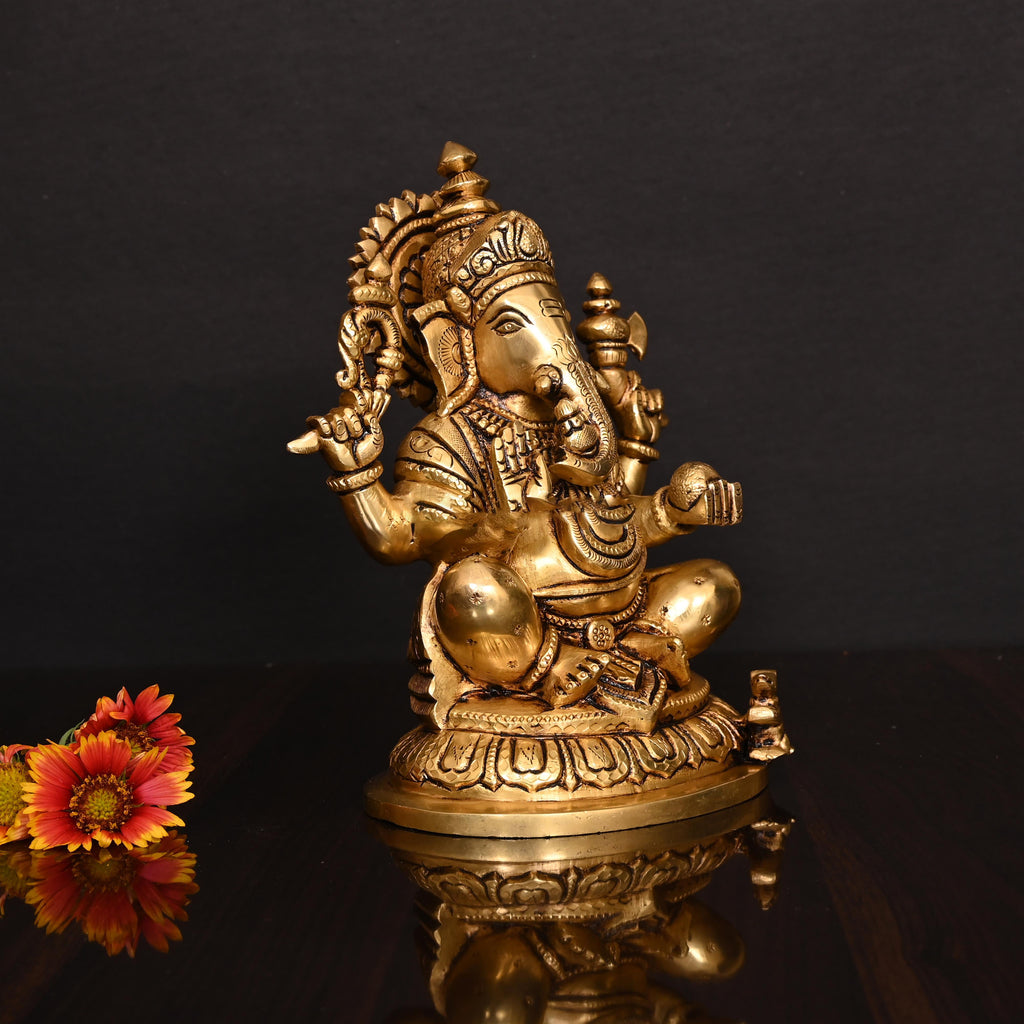 Brass Superfine Right Trunk Sitting Ganesha Idol (8 Inch) Vedansh Craft