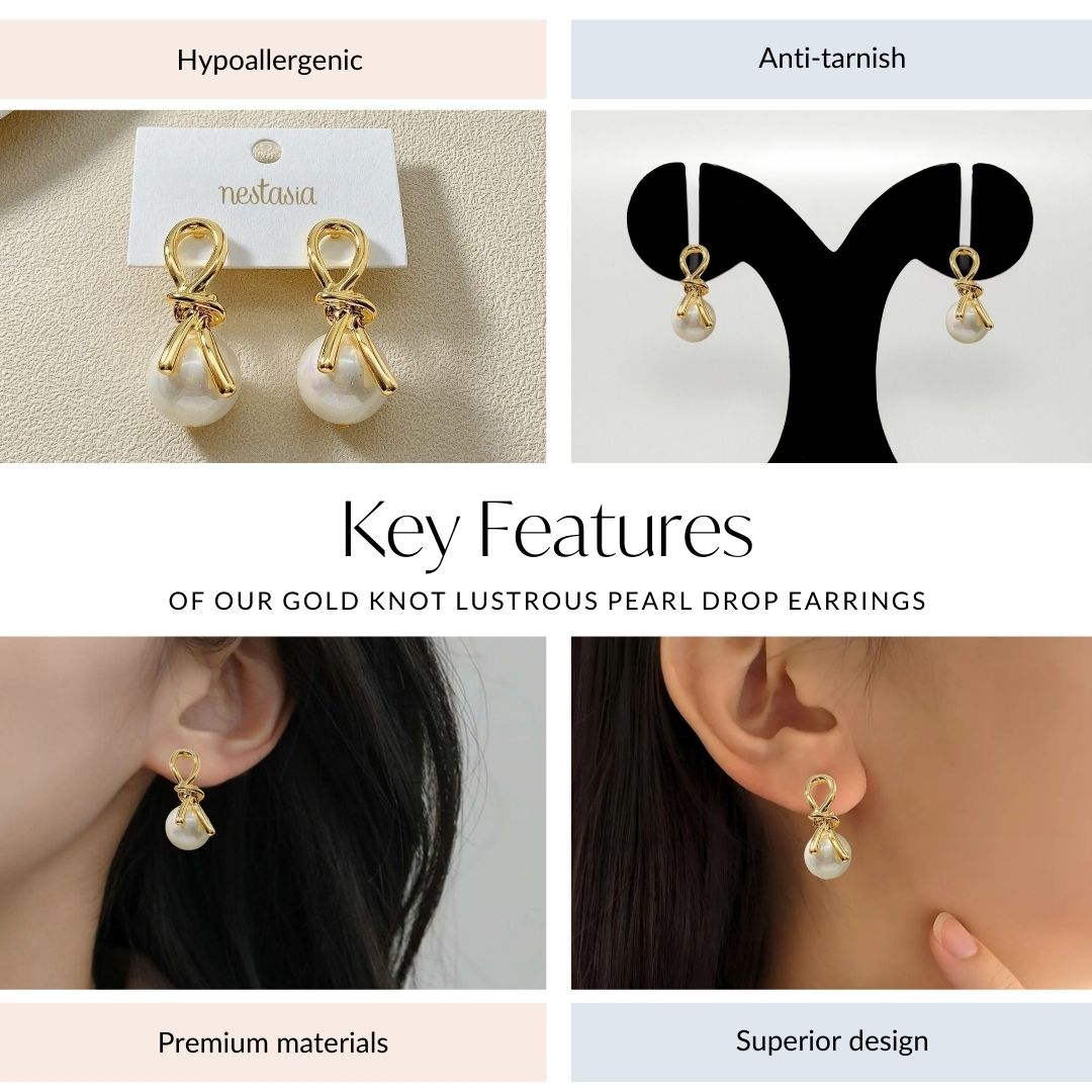 Gold Knot Lustrous Pearl Drop Earrings Nestasia