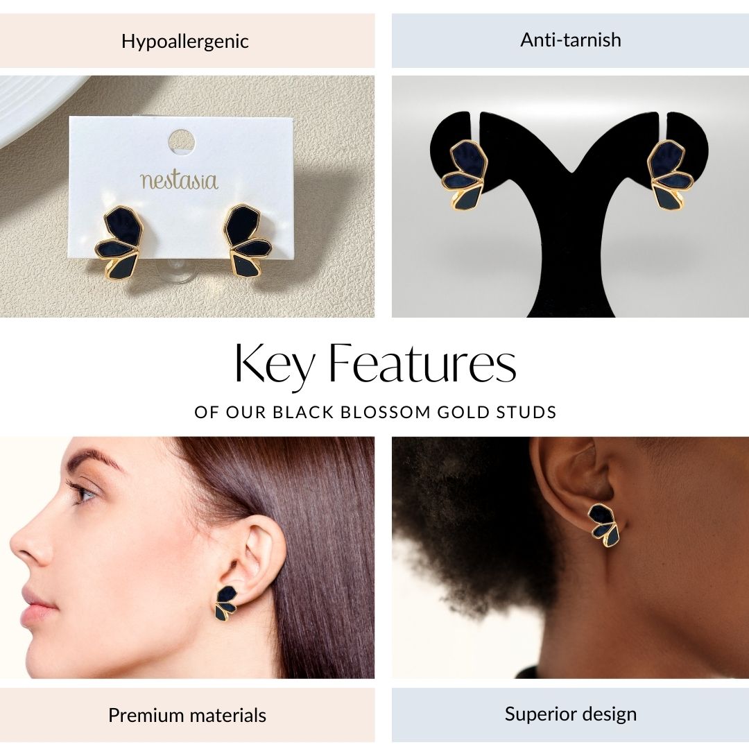Black Blossom Gold Studs Nestasia