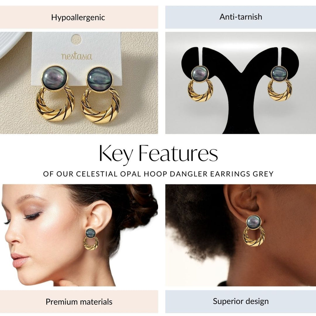 Celestial Opal Hoop Dangler Earrings Grey Nestasia
