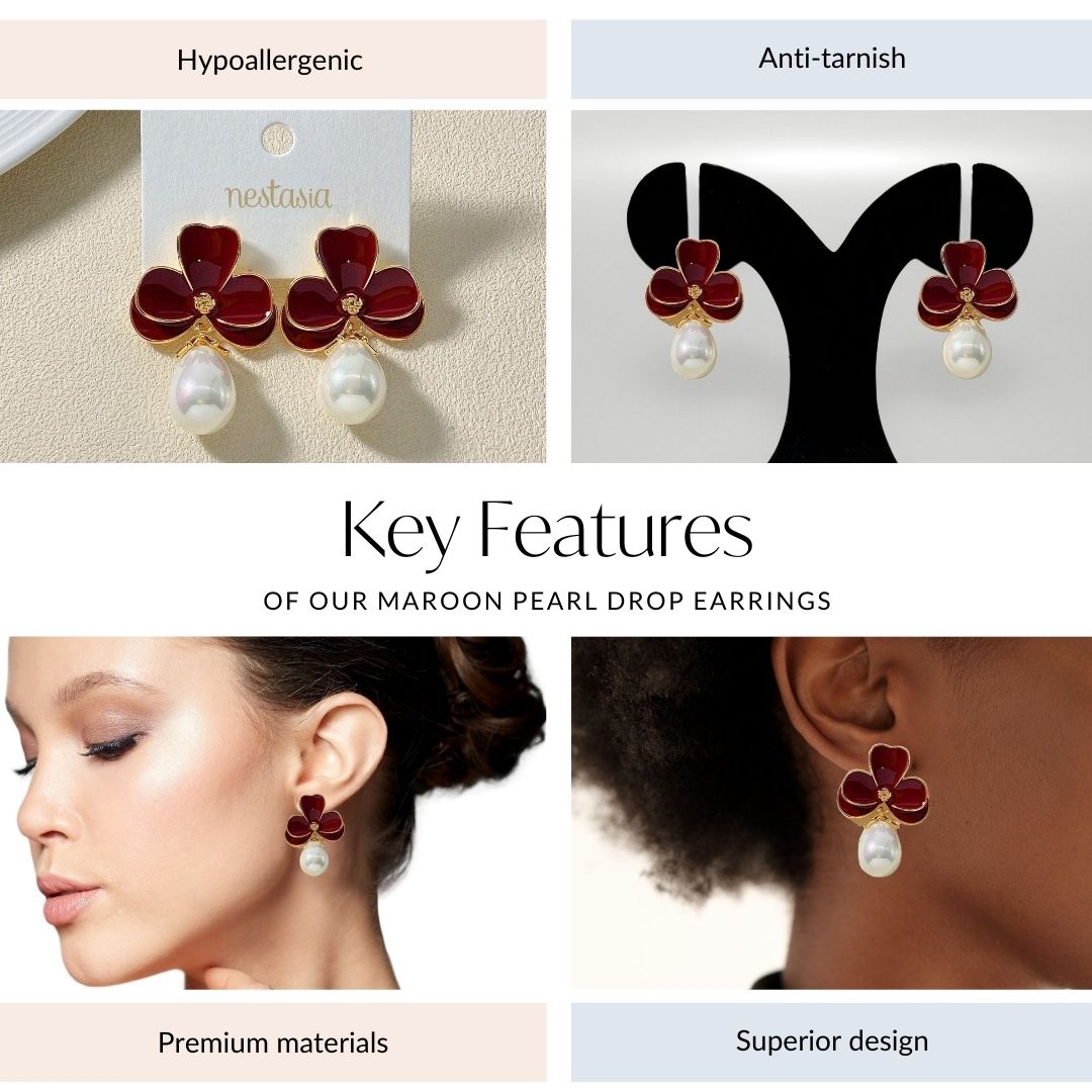 Maroon Pearl Drop Earrings Nestasia