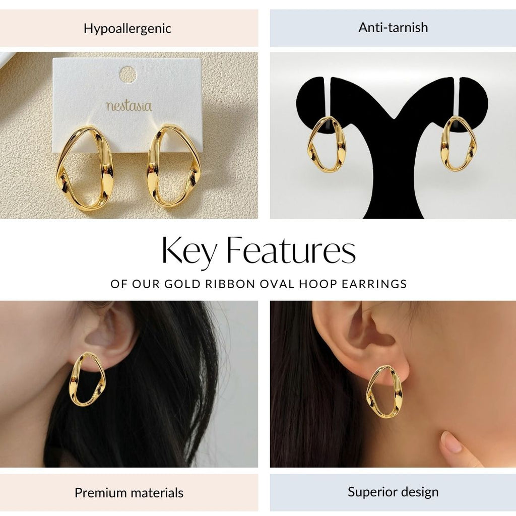 Gold Ribbon Oval Hoop Earrings Nestasia