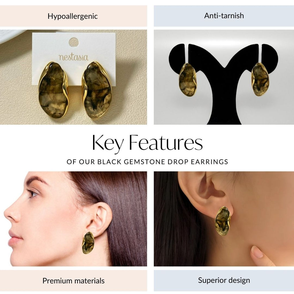 Black Gemstone Drop Earrings Nestasia