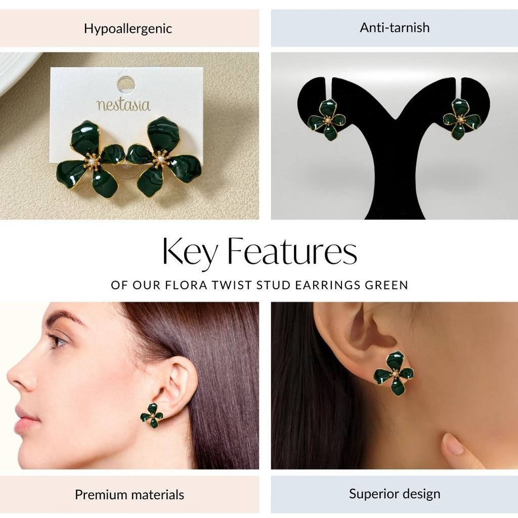 Flora Twist Stud Earrings Green Nestasia