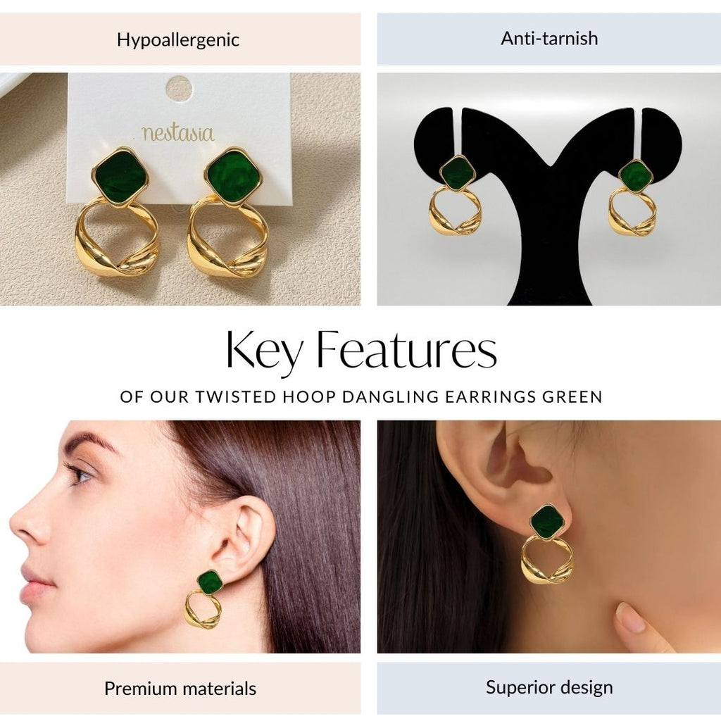 Twisted Hoop Dangling Earrings Green Nestasia