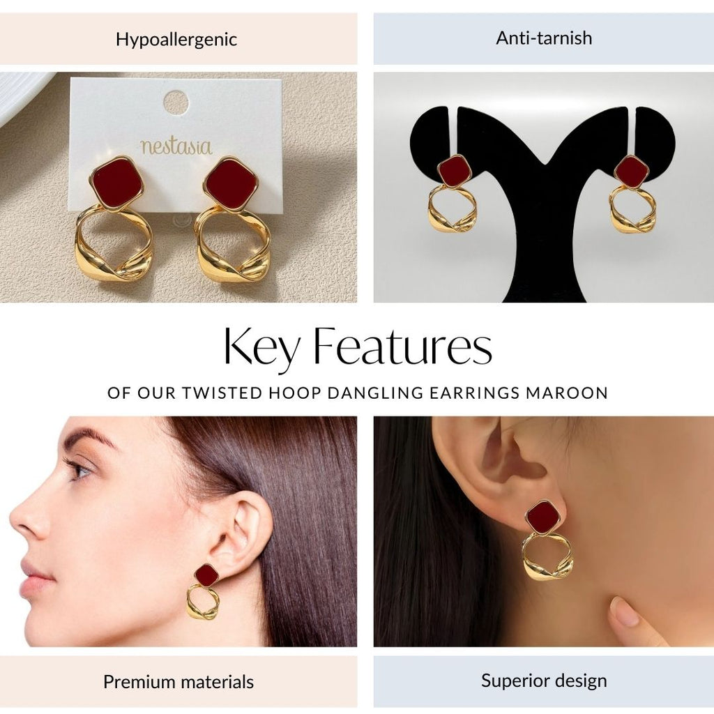Twisted Hoop Dangling Earrings Maroon Nestasia