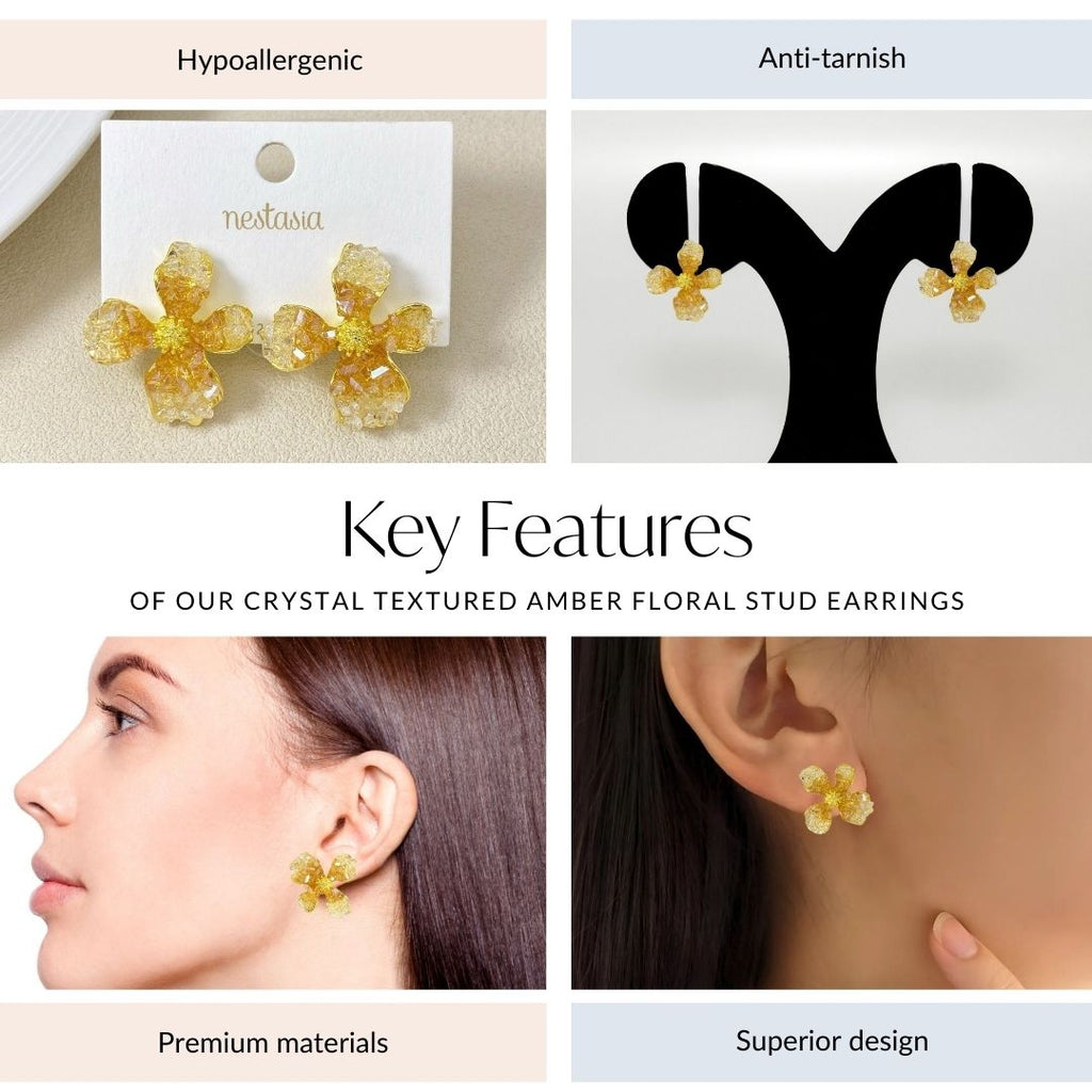 Crystal Textured Amber Floral Stud Earrings Nestasia