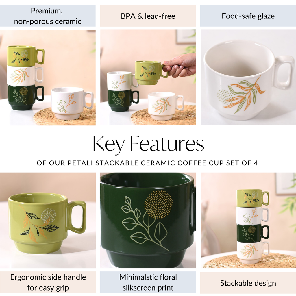 Foliage Stackable Ceramic Coffee Cup Set Of 4 250ml Nestasia